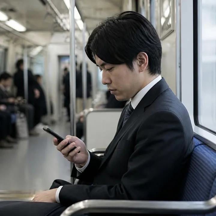 通勤電車でスマートフォンを使って問題を解く若手社員