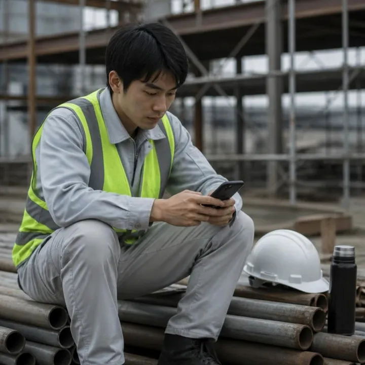 現場の休憩中にスマートフォンで問題を解く施工管理者