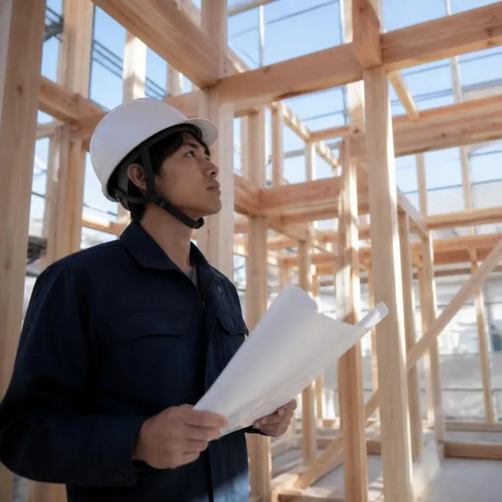 2級建築の参考書と図面を広げる若手の施工管理者(イメージ)