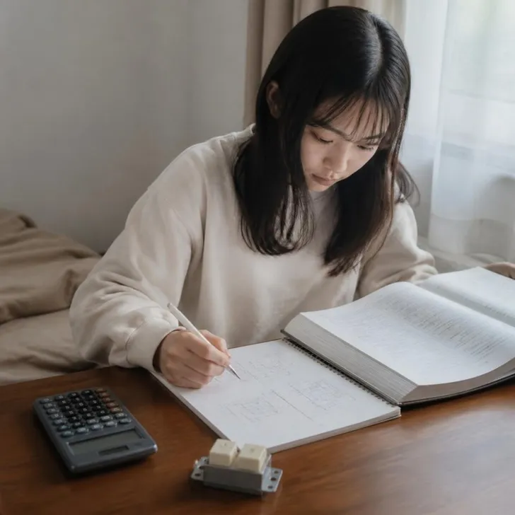 筆記試験の問題と配線図を見る受験生(イメージ)