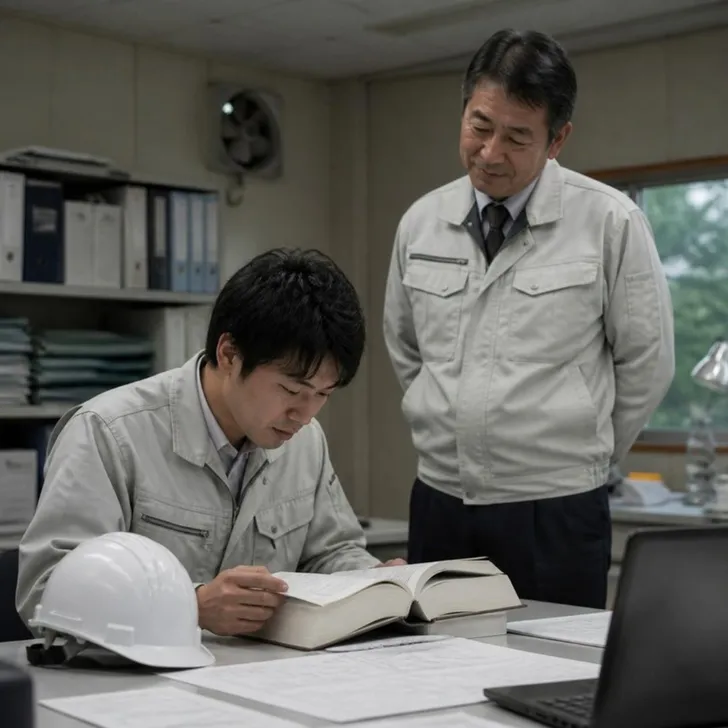 会議室で施工管理技士の研修を受ける現場社員(イメージ)