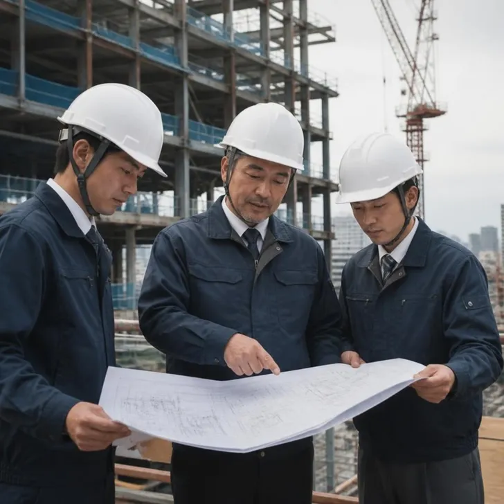 高層ビルの工事現場で図面を確認する施工管理者(イメージ)