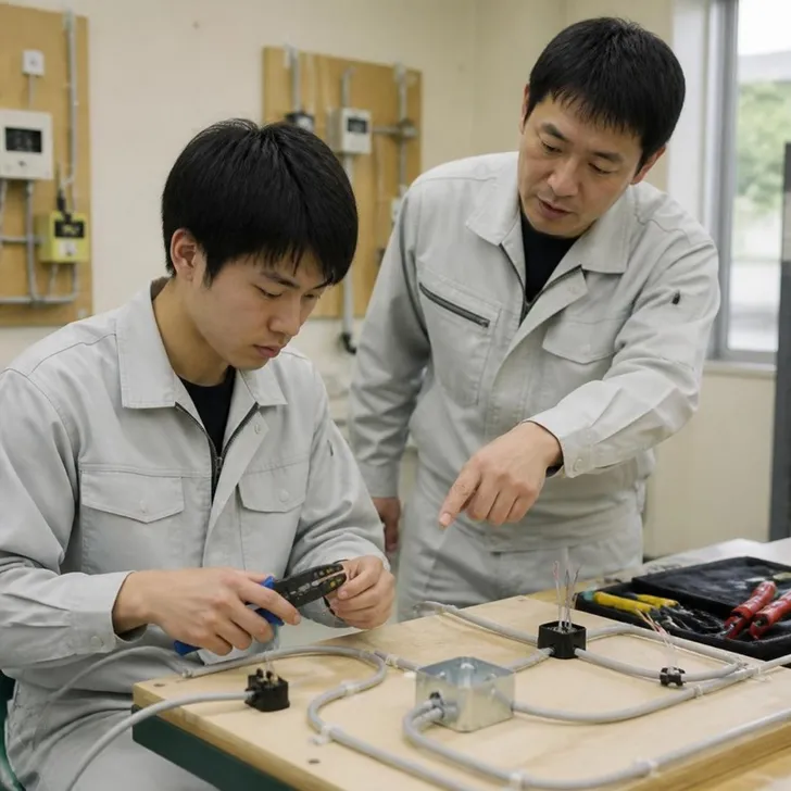 技能試験の練習をする若手社員と指導する先輩(イメージ)