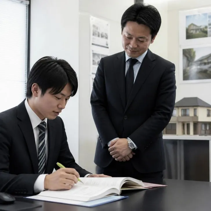 不動産会社の事務所で研修を受ける営業社員(イメージ)
