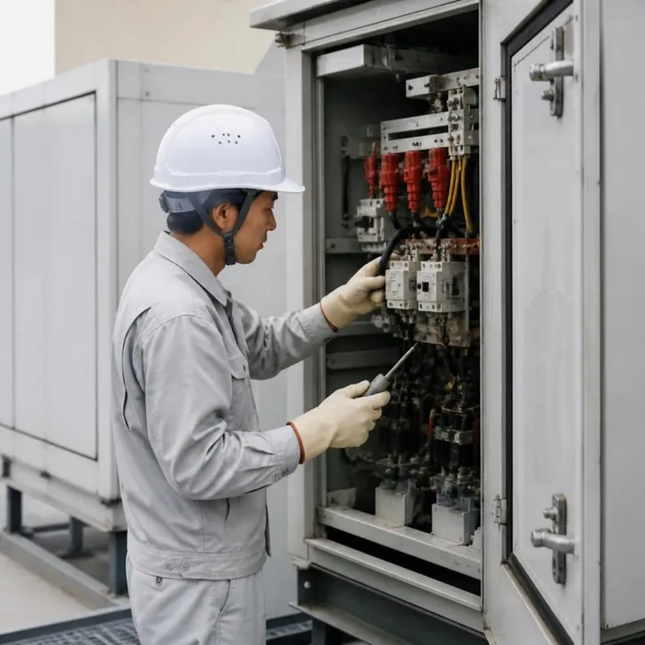ビルの受変電設備を確認する電気工事士(イメージ)