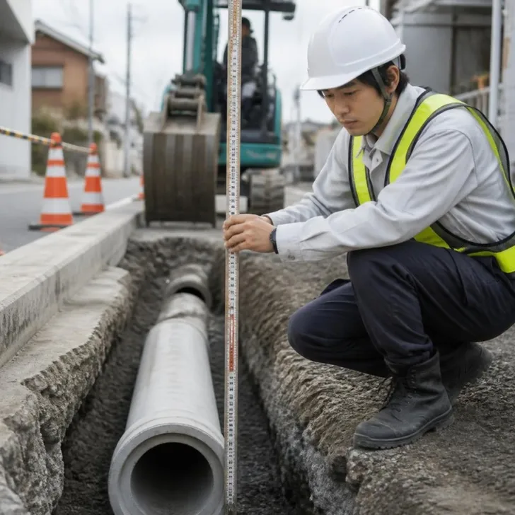 道路工事の現場で測量機を使う若手の施工管理者(イメージ)