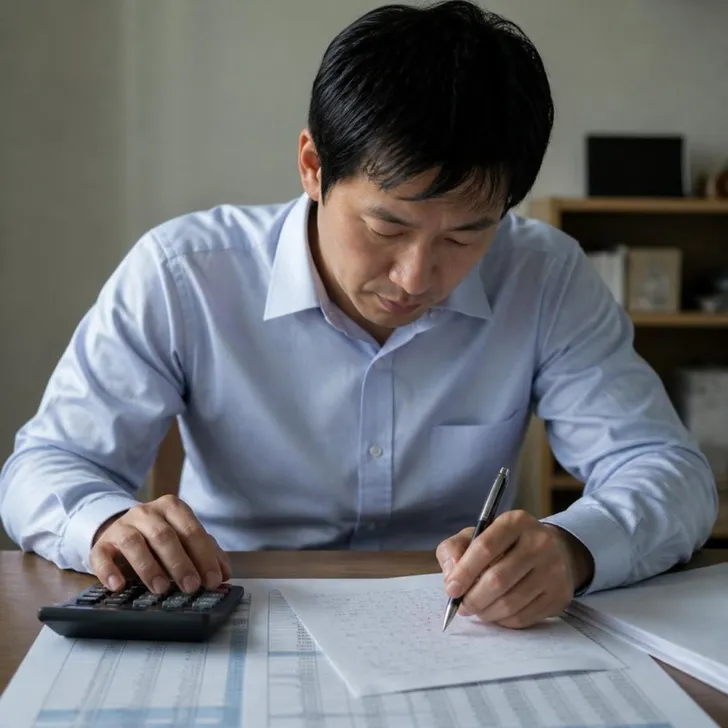 電卓と財務諸表の問題を前に考え込む受験生(イメージ)