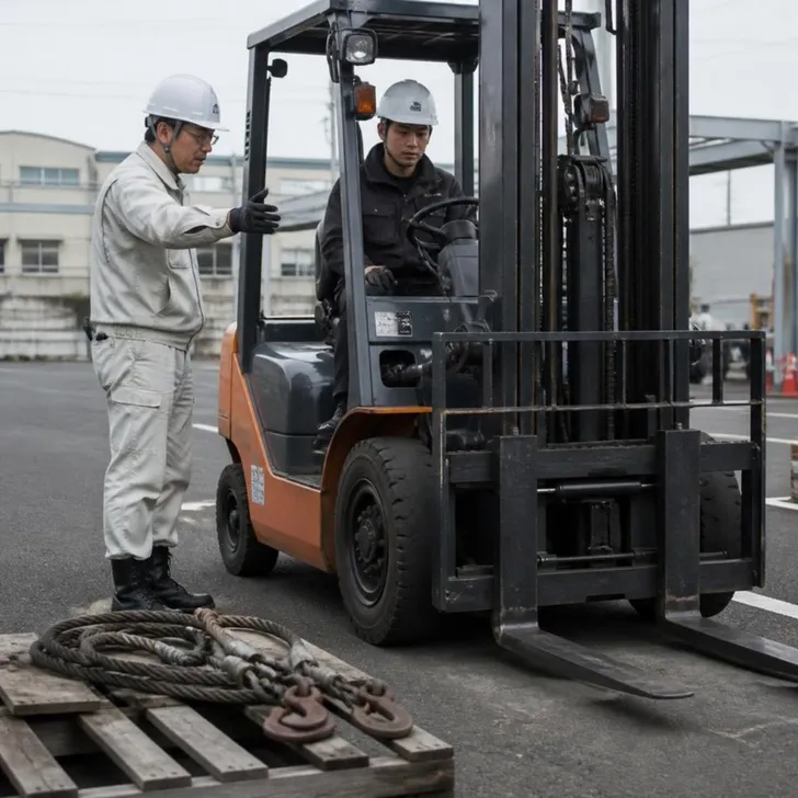 倉庫でフォークリフトの講習を受ける社員(イメージ)