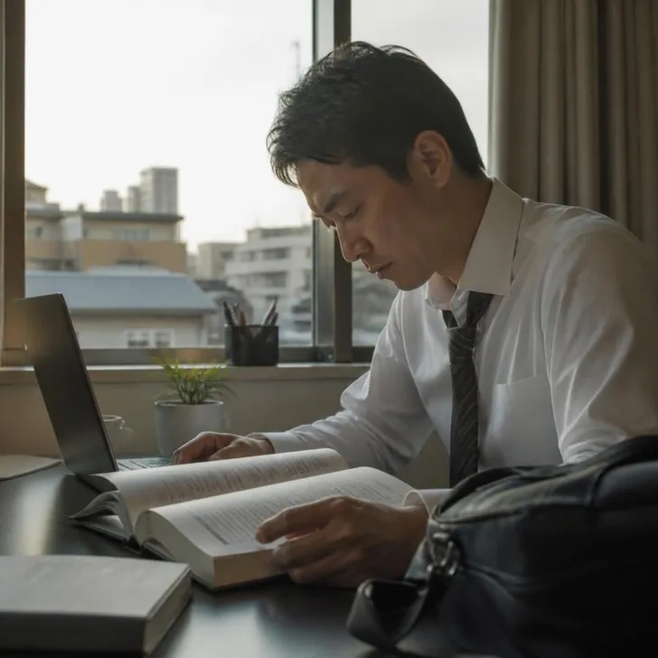職務経歴書を見ながら論文を書く社会人(イメージ)