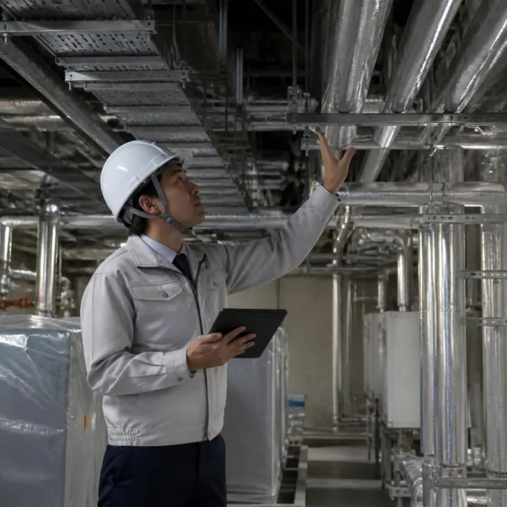 ビルの設備配管と配電盤を確認する施工管理者(イメージ)