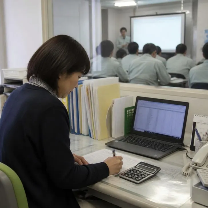 書類と電卓を前に研修の計画を立てる担当者(イメージ)