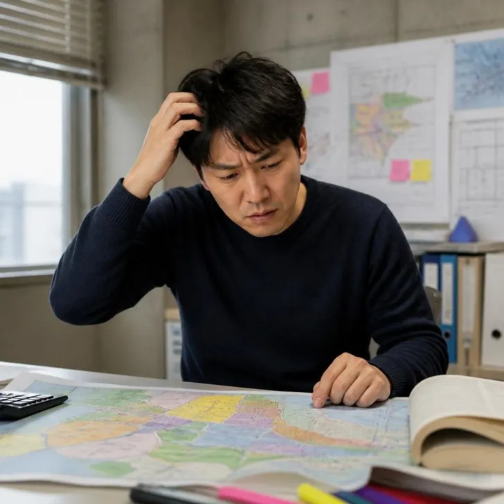 都市計画図とテキストを見比べる受験生(イメージ)